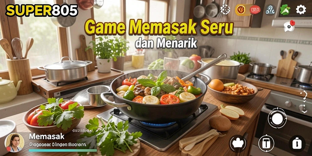 Antarmuka menarik dari game Memasak SUPER805 yang menunjukkan berbagai hidangan.