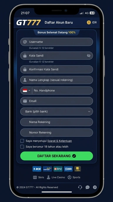 Tampilan halaman daftar gt777